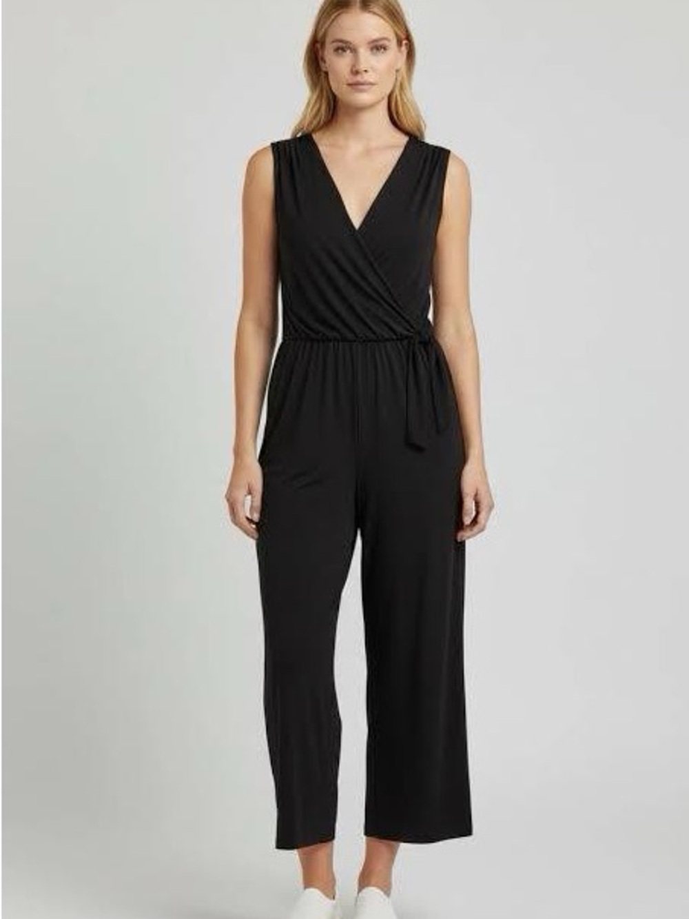 Sleeveless Black Wrap-Front Jumpsuit with Tie Waist